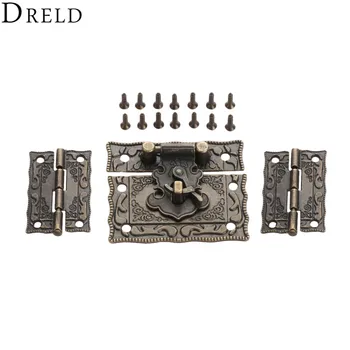 

DRELD 2pcs Suitcase Cabinet Hinge +1pc Antique Bronze Jewelry Wooden Box Latch Hasp Clasp Vintage Hardware Furniture Accessories