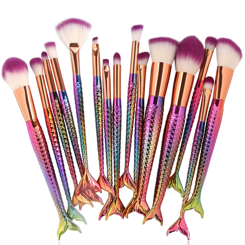 Professional 15PCS Multicolor Mermaid Rainbow Makeup Brushes Unicorn Foundation Tool