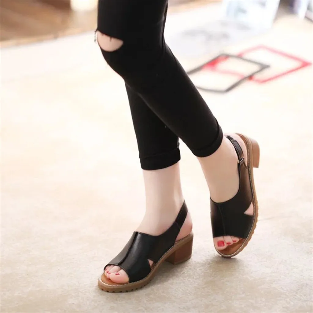 Fashion Womens open toe heels sandals Summer Skid-proof Thick Peep sandal Hoop&ampLoop Leisure Sandals #G5 | Обувь