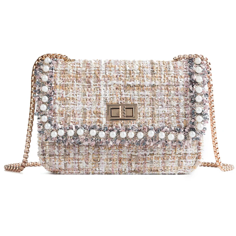 

Bag Women Beige Vintage Wool Hasp Chain Handbag Retro Versatile Pearl Crossbody Shoulder Bags Sac A Main Femme Free Shipping