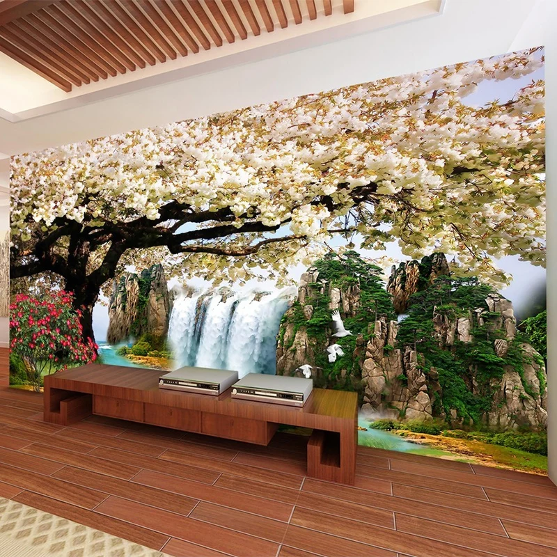 На заказ любой размер фрески 3D природа обои современный вишневый цвет дерево пейзаж с водопадами настенная живопись гостиная домашний декор
