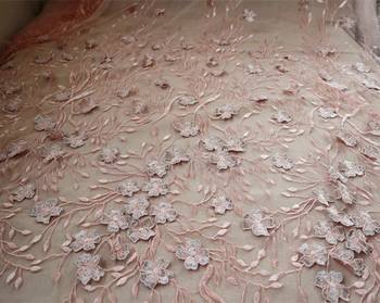 

peach pink beige lace fabric with 3D flowers, embroidered bead 3d floral lace fabric