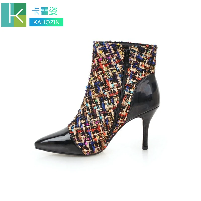 

Kahozin high heel ankle boot thin heels super high 8.5CM pointed toe tweeds+PU Zip spring/autumn nice shoes for women casual