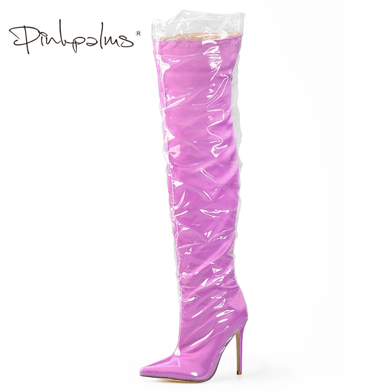 Pink Palms Shoes Women Thigh High Clear Plastic Boots With Thick Sponge Inside Over the Knee Boots Perspex Warm High Boots Lilac Women's Shoes