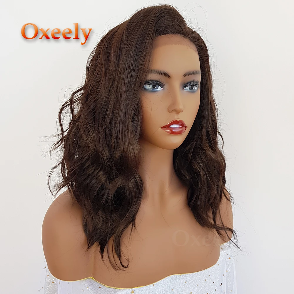 

Oxeely Short Bob Wavy Hair Synthetic Lace Front Wig #8 Brown Color with Natural Baby Hair Line Glueless Long Bob Wigs