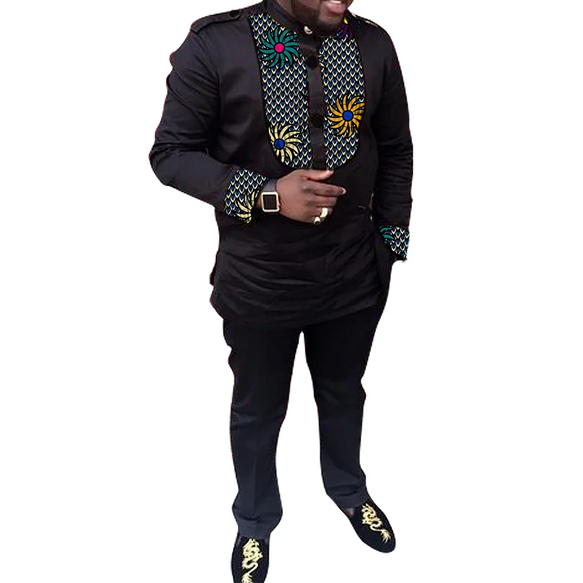 Африканская одежда с принтом Мужская рубашка+ брюки Топы с длинными рукавами черные с принтом мужские брюки наборы пэчворк дизайн свадебные наряды - Цвет: 6