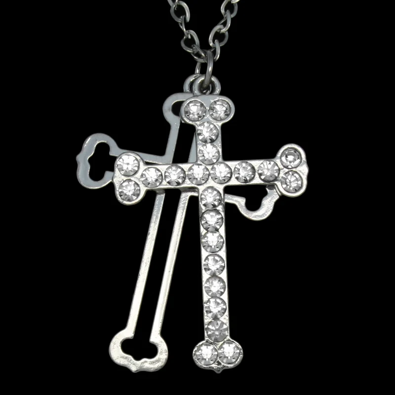 FLOLA Cool Silver Double Cross Pendant Necklace Rhinestones Silver Long