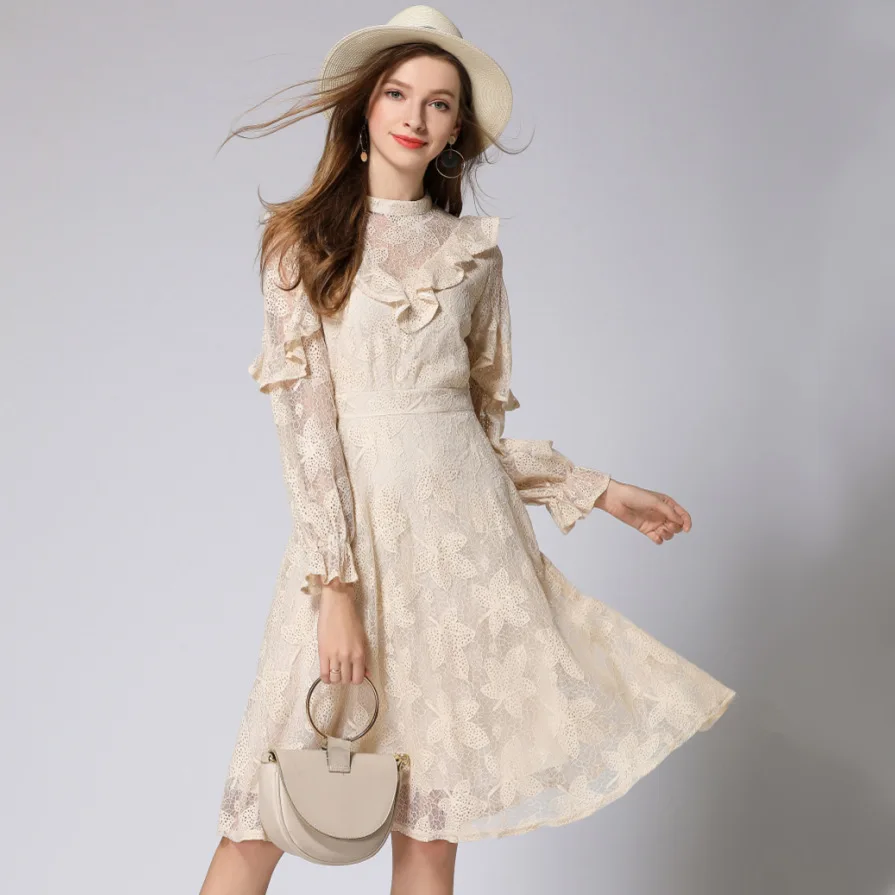 

2018 autumn new women dress long-sleeved ruffled temperament lady openwork embroidered long lace dresses