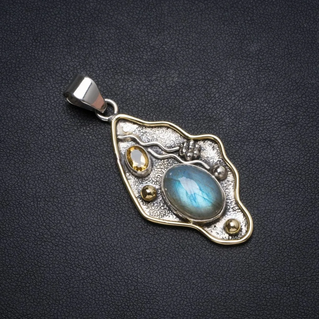 

Natural Two Tones Labradorite andCitrine Handmade Unique 925 Sterling Silver Pendant 2" X0682