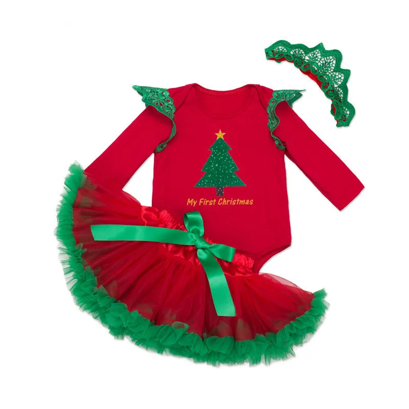 

2016 Christmas Baby Girls Clothes Set Cotton long Sleeve Romper + Tutu Skirt +Headband Party Baby Dress Newborn Infant Outfit