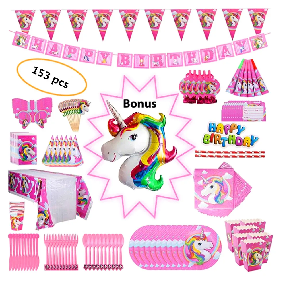 

153pcs 10 person Unicorn Party Decor Girls happy Birthday kids Unicorn Tableware Paper Napkins Plate Table Cloth Happy Gift