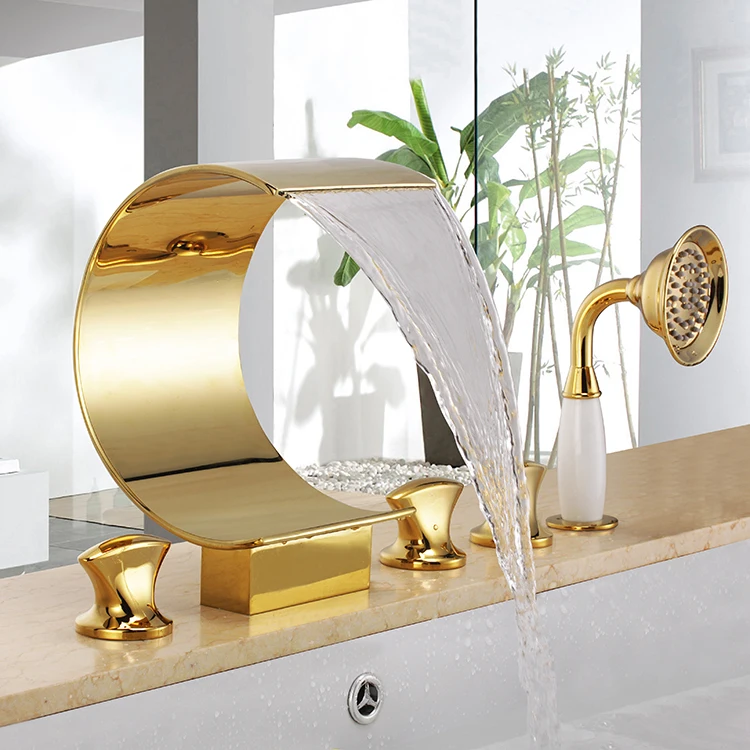 

Free ship Waterfall Roman Tub shower Deck Mount 5Pcs widespread GOLD PVD Bath Mixer Square