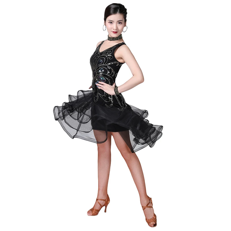 Для женщин в латинском стиле джаз платье для танцев, танцевальное производительность Расшитое бисером сетки для взрослых женские пикантные туфли для сальсы/бальные/танго платье