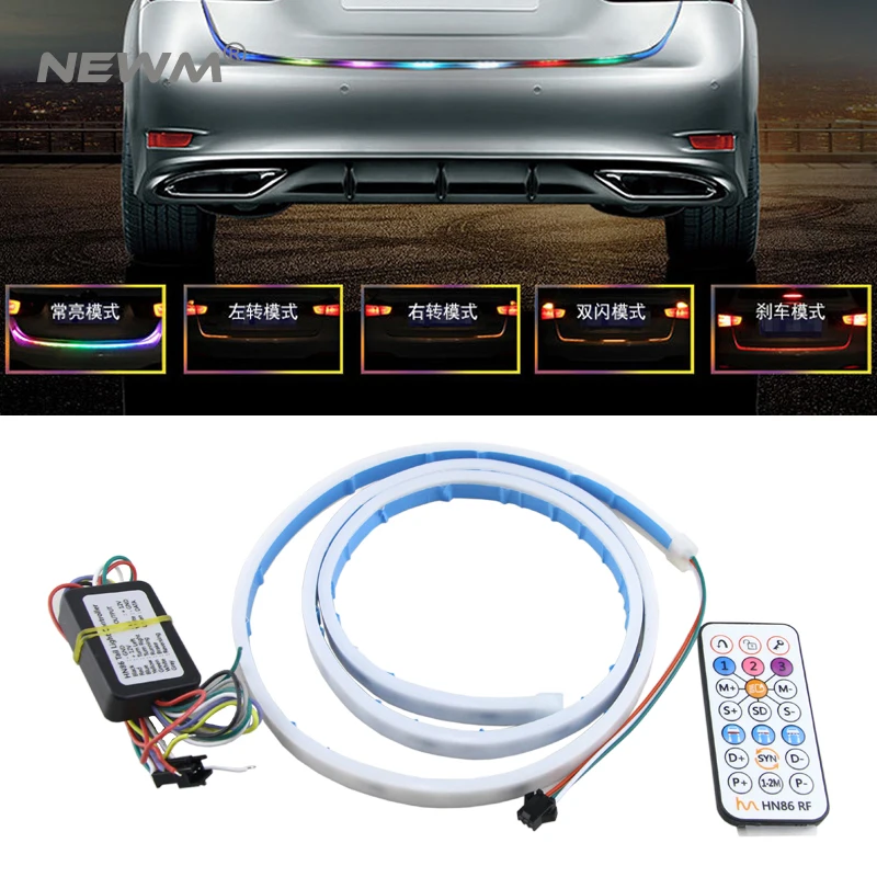 

120cm Wireless Remote RGB Flow LED Strip Rear Trunk Light RED Yellow White Car Brake Turn Tail Tailgate Lights For Honda For VW
