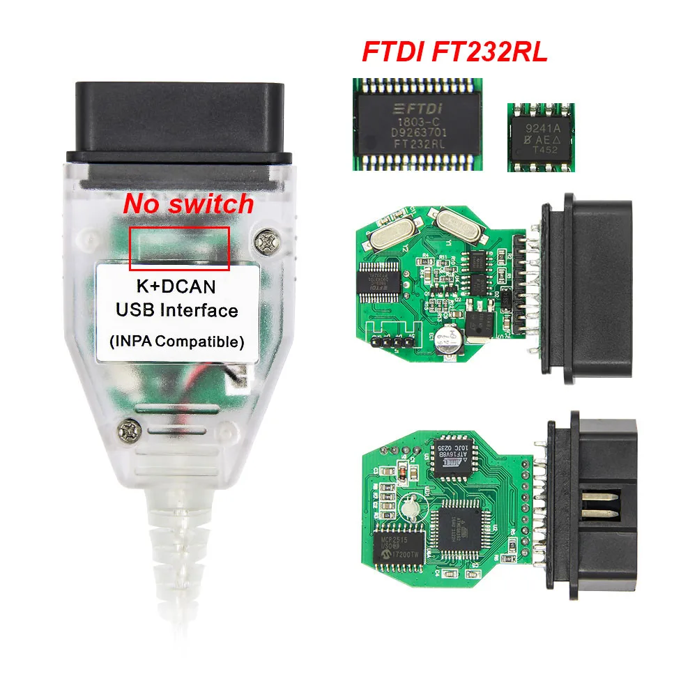 Для BMW INPA K DCAN с FTDI FT232RL/RQ с переключателем inpa K+ DCAN K CAN OBD 2 OBD2 автомобильный диагностический инструмент K-line K line кабель - Цвет: FT232RL No Switch