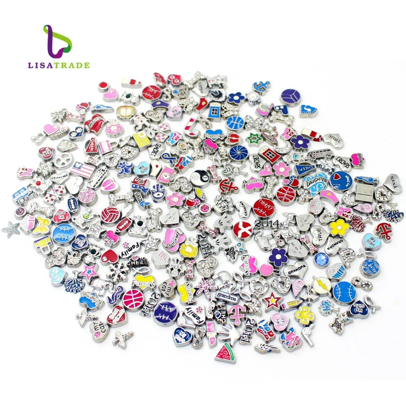 100PCS Floating Charms Wholesale Mix Style Crystal Heart Enamel Charm