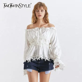 

TWOTWINSTYLE Off Shoulder Shirt For Women Slash Neck Flare Sleeve Hollow Out Bowknot Bandages Blouse Female Fashion Summer 2020