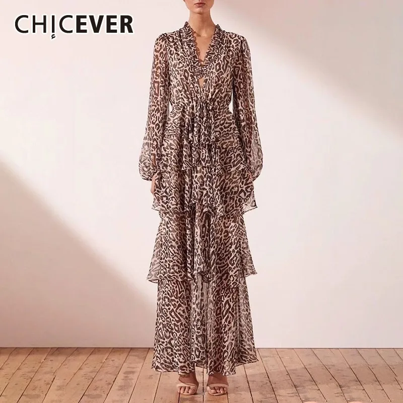 

CHICEVER Summer Vintage Leopard Print Dress For Women V Neck Puff Sleeve High Waist Cascading Ruffle Ankle-Length The Dresses