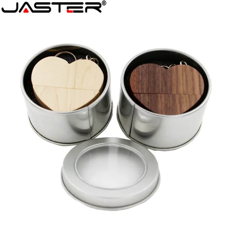 JASTER usb флеш-накопитель с деревянным сердцем и металлической коробкой, 4 ГБ, 16 ГБ, 32 ГБ, 64 ГБ, карта памяти, u-диск, логотип, гравировка, свадебный подарок