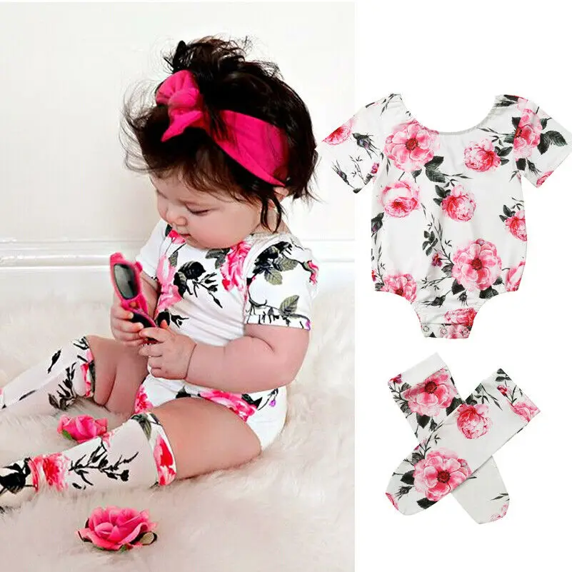 

2Pcs Newborn Toddler Baby Girls Floral Tops Romper Bodysuit +Socks Outfit Set