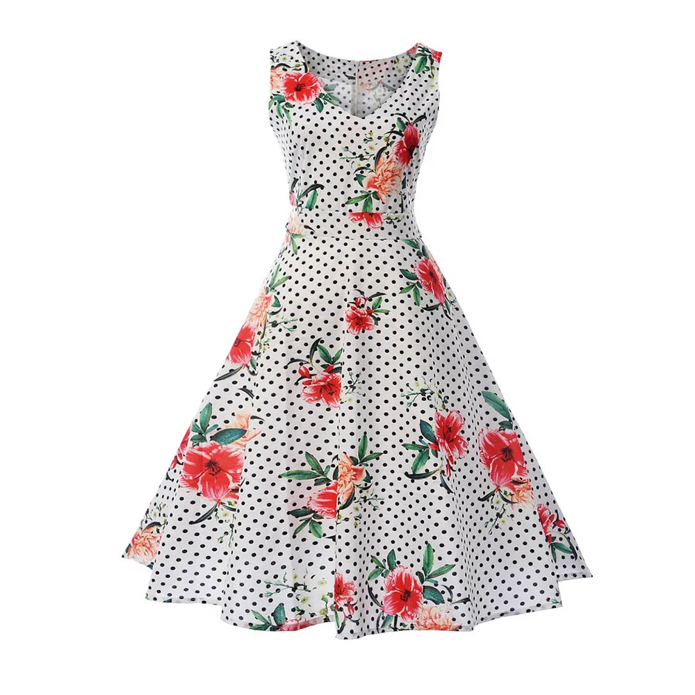 Buy Queenus Retro Summer Dress Floral Dot Print A Line White Sleeveless Zipper
