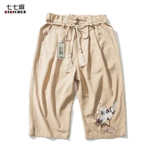 Китайский стиль краны вышивкой мужские льняные шорты длиной до икры большой размер шнурок повседневная мешковатые прямые мужские широкие шорты