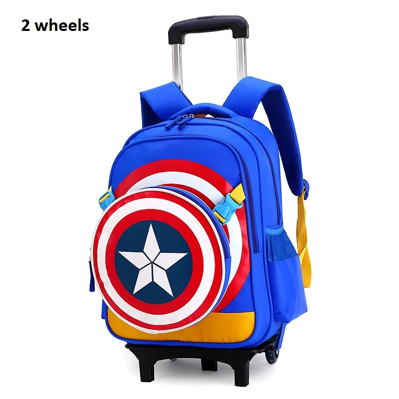 Капитан Америка малыша мальчика Школьный рюкзак-тележка на колесах основной детский школьные портфели с колеса Роллинг Чемодан дорожные сумки - Цвет: 2 wheels blue
