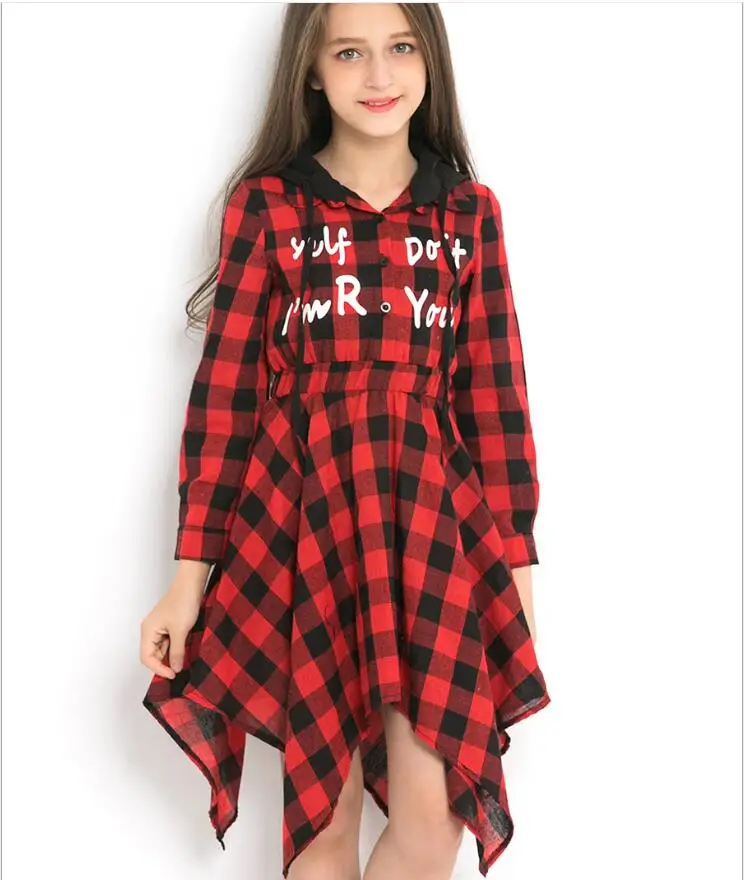Одежда для больших девочек Новинка года, платье для девочек-подростков платье в клетку в европейском стиле для девочек от 10 до 12 лет платье с капюшоном для больших девочек детская одежда