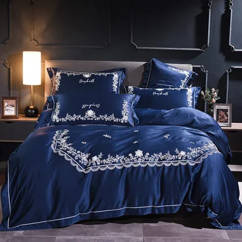 

Luxury Bedding Set embroidery Bed Set diamond blue Bed Sheet two-sided Duvet Cover Set Queen King Size Bed Linen