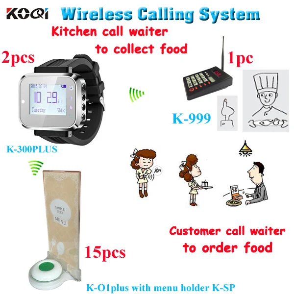 

Kitchen to waiter paging system kitchen call waiter to collect food with 1 keypad 2 smart watches 15 table button menu holder