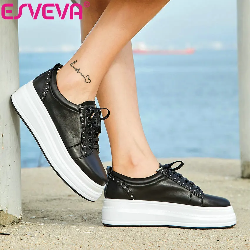 

ESVEVA 2019 Women's Vulcanize Shoes Platform Shoes Spring Autumn Western Style Lace Up Women Shoes Pumps High Heels Size 34-39
