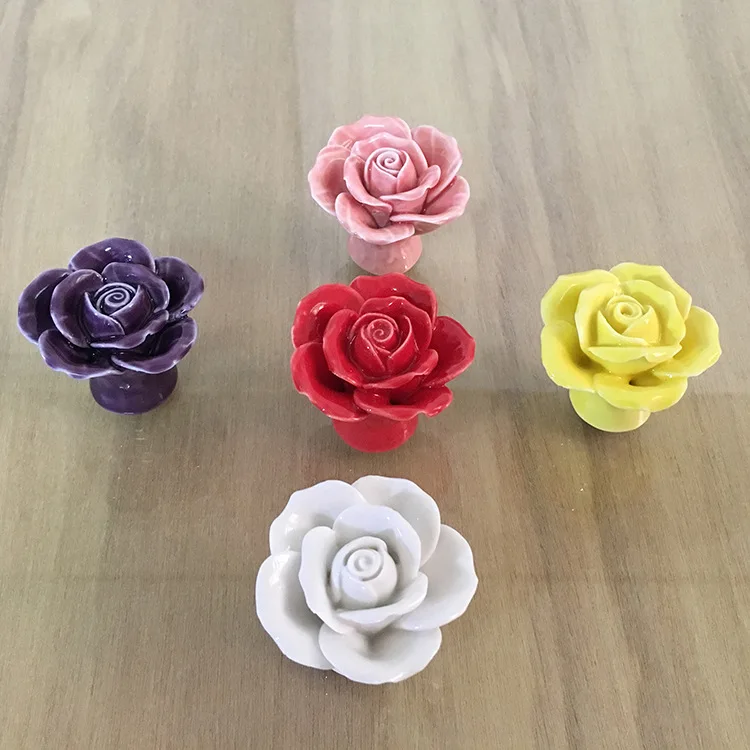 

5PCS/lot Flower Ceramic Knobs Bedroom Kitchen Furniture Door Cabinet Cupboard Knob Pull porcelain Rose Drawers Handle