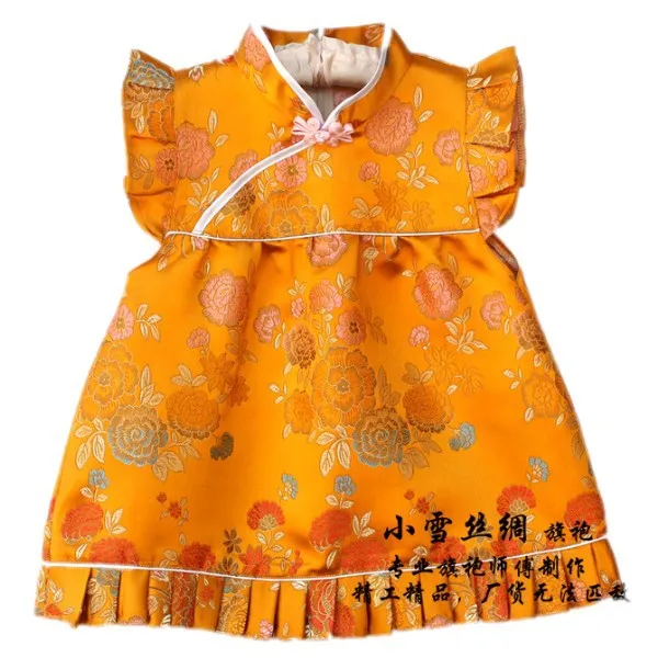 Новое платье для малышей Детское шелковое жаккардовое китайское платье Эксклюзивное Платье Чонсам для малышей от 4 месяцев до 3 лет, 12 лет,, QZ-7 - Цвет: golden flower