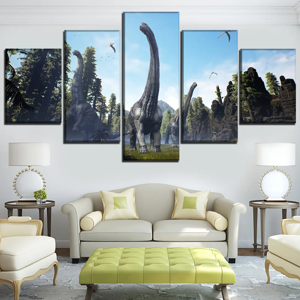 Modern Canvas Print Painting Wall Art Decor Modular Framework Poster 5 Panel Forest Dinosaur Pictures Home Decoration Bedroom | Дом и сад