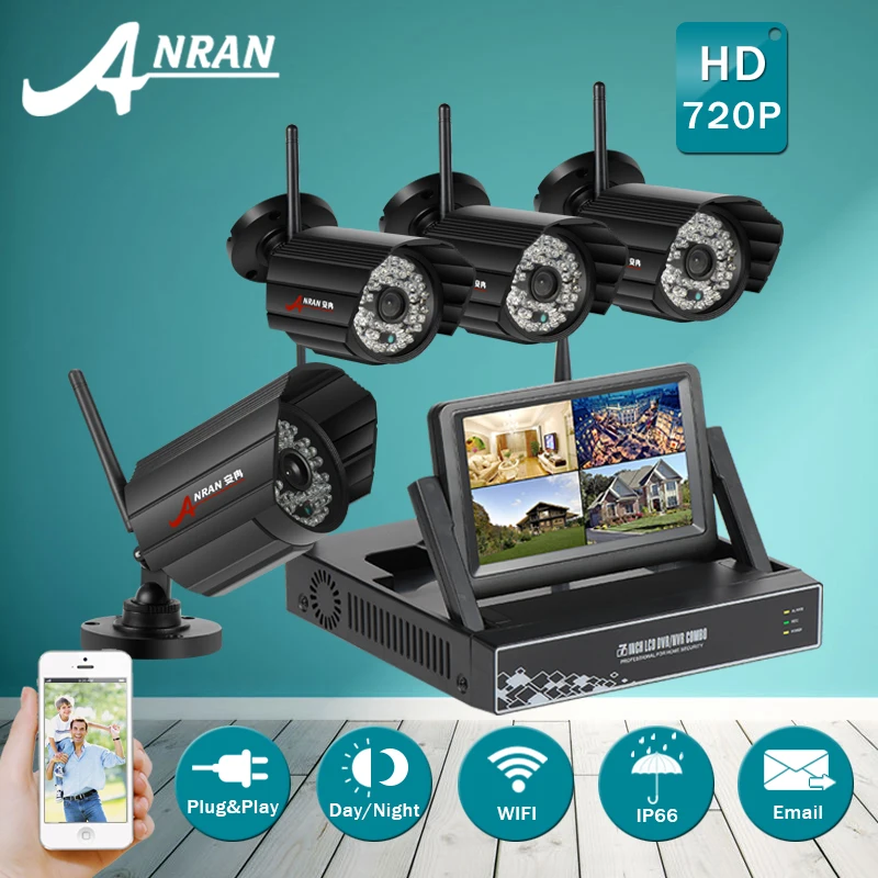 7'Inch LCD 4CH Wireless NVR CCTV System+1TB HDD 720P HD WIFI Waterproof IR Night-Vision Home Security Surveillance Camera Kit