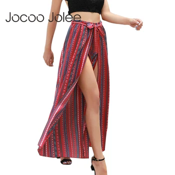 

Jocoo Jolee 2018 Sexy Split Loose Long Pants Boho Print Striped Women Wide Leg Pants With Belt Casual Beach Female Trousers