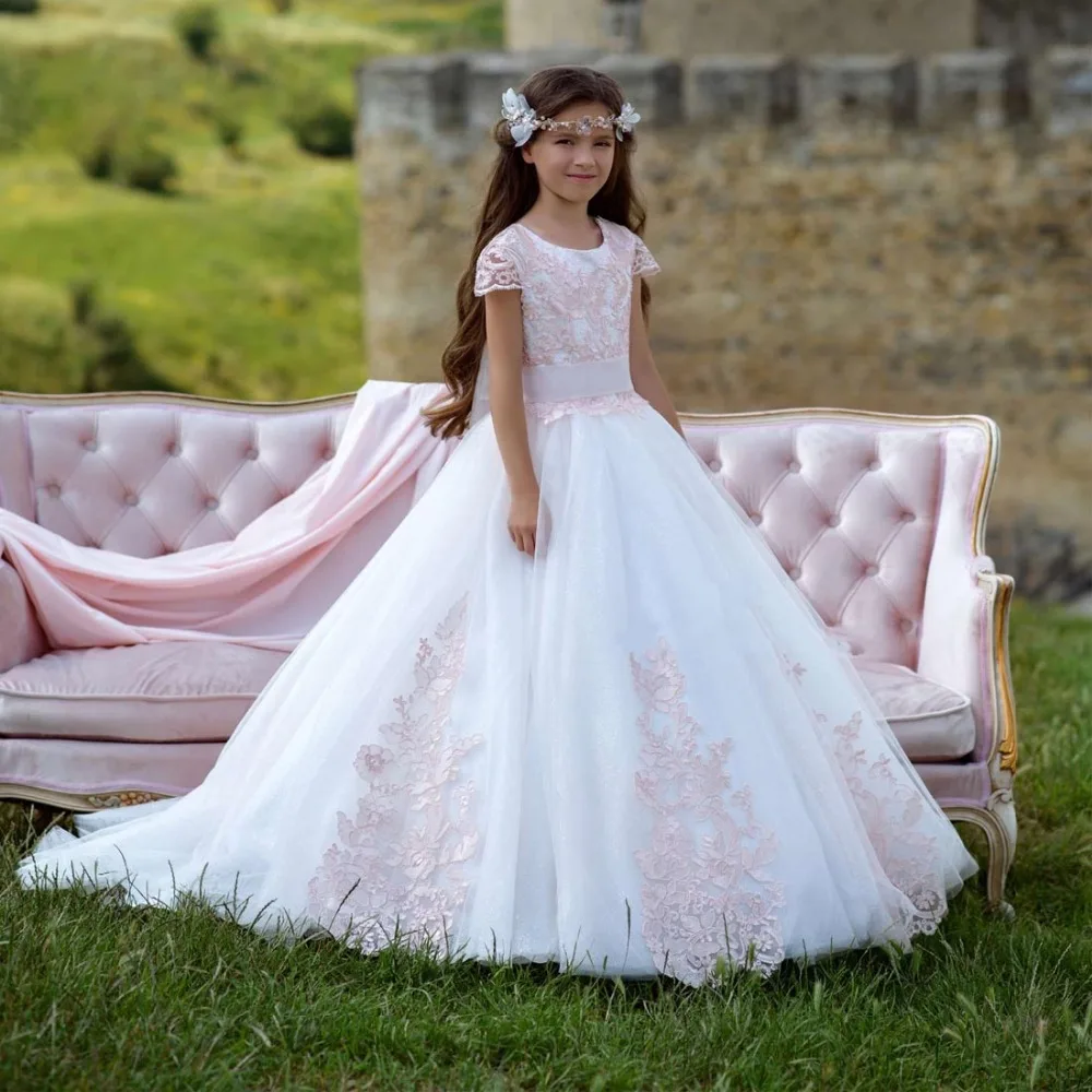 

Cute Pink Lace Appliques Short Sleeves Flower Girl Dresses 2019 First communion dresses Kids Ball Gown pageant dresses for girls