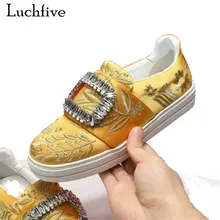 Luchfive 2018 silk embroidery ladies Shoes bling crystal buckles slip on lazy loafers platform flat heels rhinestone Shoes Women