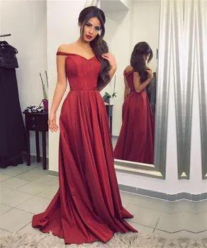 

Burgundy Simple Long Evening Dress Boat Neck Off The Shoulder A Line Elegant Women Wedding Party Dresses Cheap Vestido De Festa