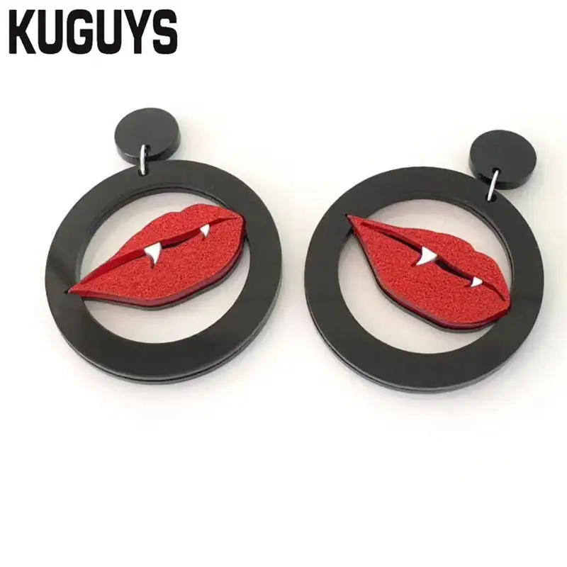 KUGUYS Fashion Jewelry Gothic Round Drop Earrings for Women Acrylic Red Lip Vampire Accessories | Украшения и аксессуары