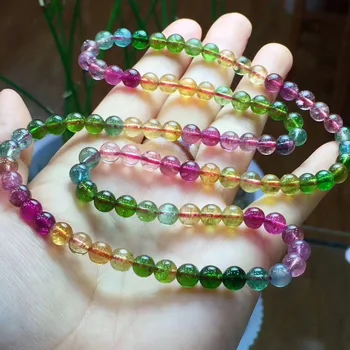 

6mm Genuine Natural Colorful Tourmaline Bracelet 3 Laps Necklace Transparent Round Crystal Brazil Beads Chain AAAAAA