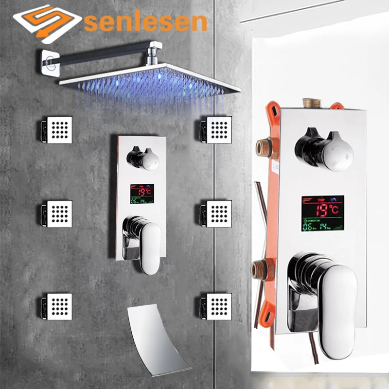 

Digital Mixer Tap Bathroom Shower 3 Function Digital Shower Faucets Set LED Rainfall Shower Head Waterfall Spout 3 way
