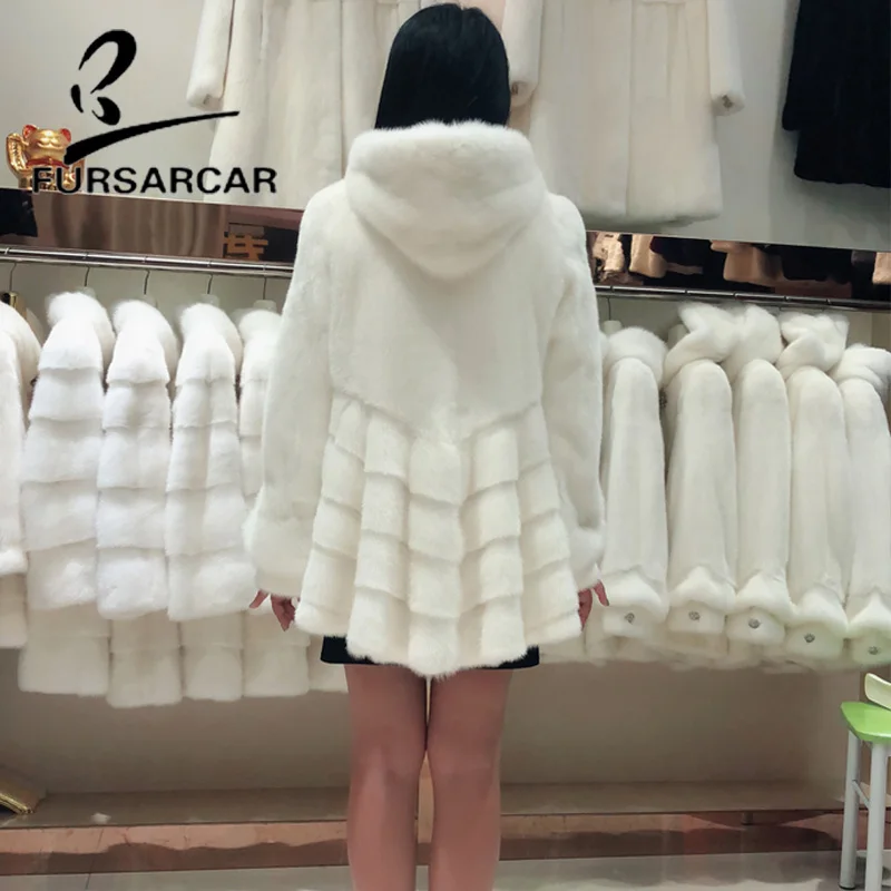 

FURSARCAR Fashion New Real Fur Coat Women England Skirt Style Winter Mink Fur Coat With Fur Hood Luxury Natural Mink Fur Jacket