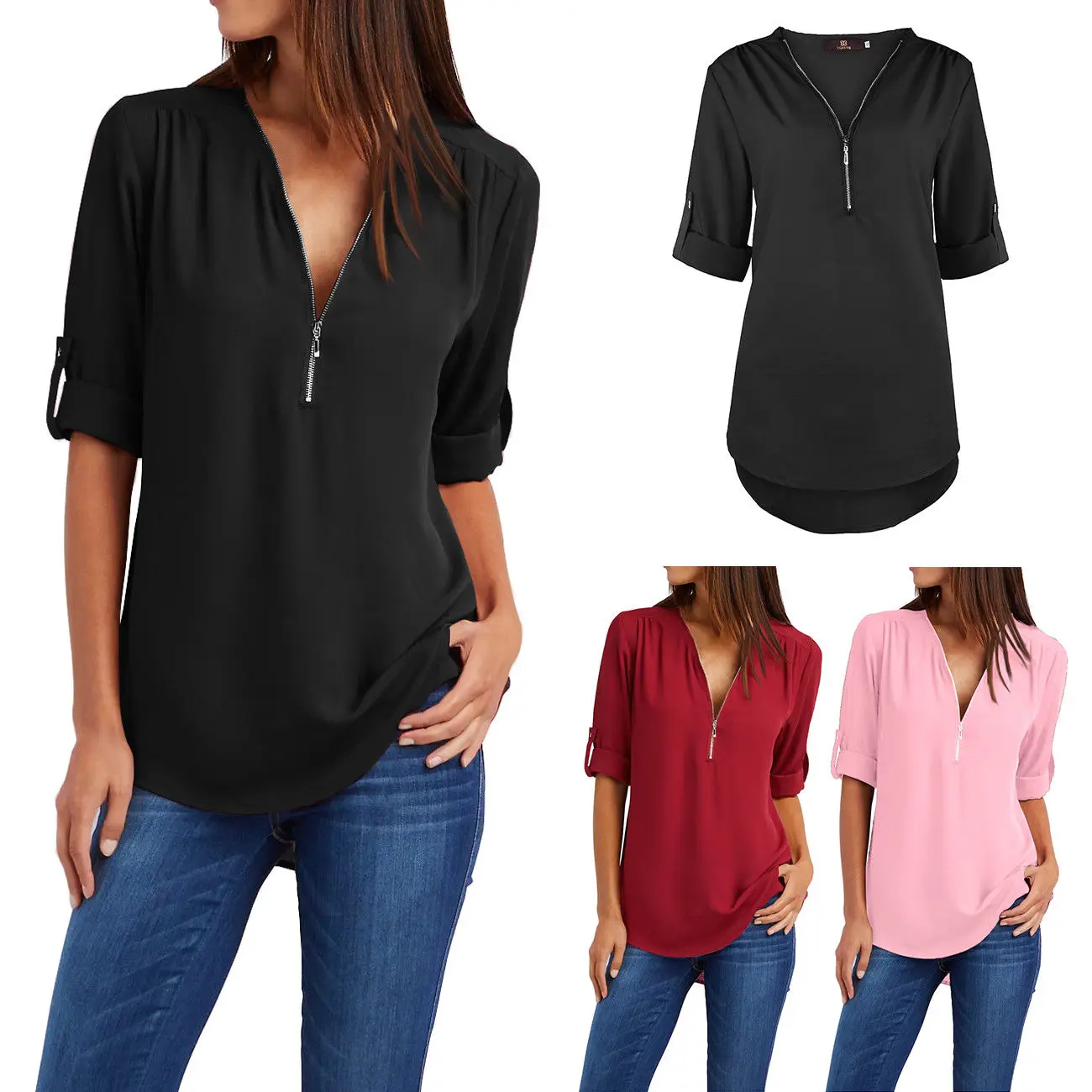 Women Casual Blouses Summer Ladies V Neck Zipper Loose Half Sleeve ...