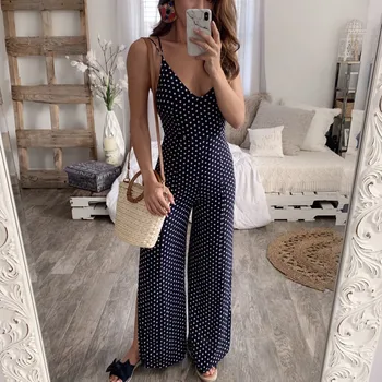 

Summer jumpsuit Fashion Womens Lace-up Fintness Dot Cross Jumpsuit Split V-neck Sleeveless Bodysuit L404A