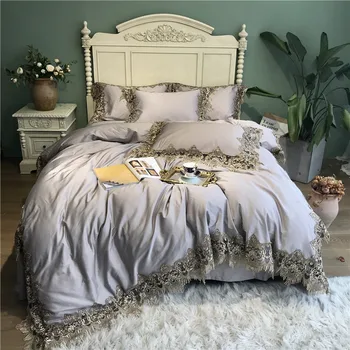 

Gray Blue Luxury 100S Egyptian Cotton Hollow Lace Bedding Set Duvet Cover Bed Linen Bed sheet Pillowcases Queen King size 4pcs