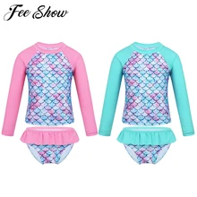 Комплект из двух предметов для маленьких девочек; купальный костюм с длинными рукавами и принтом рыбьей чешуи; бикини; купальный костюм; UPF50+ пляжный купальник