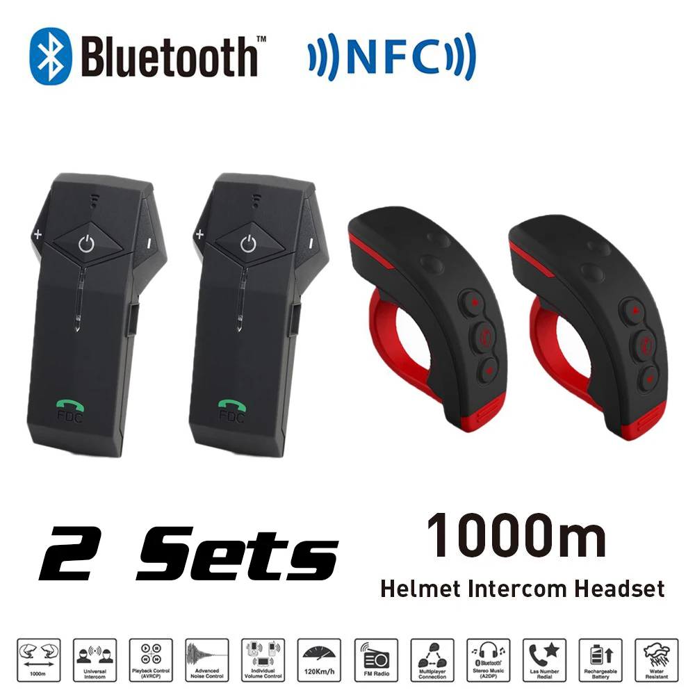 

2 Sets Black red 1000M BT Motorcycle Helmet Bluetooth Intercom Interphone Headset with NFC FM Function + L3 Remote Control