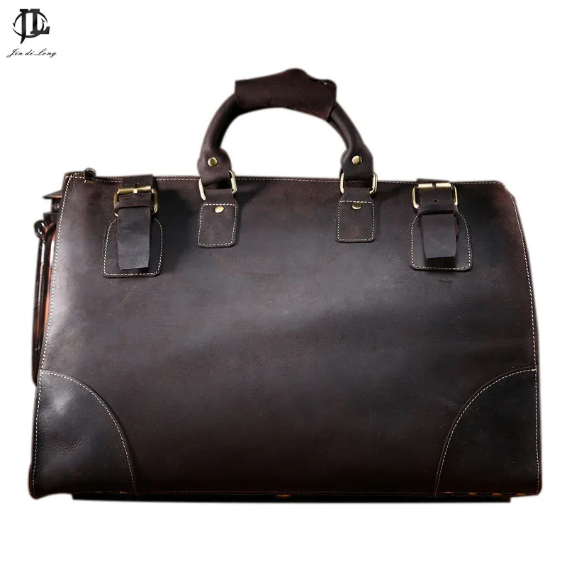 *#Vintage Crazy Horse Genuine Leather Travel bag men duffle bag luggage travel bag Leather Large Weekend Bag Overnight Tote Big