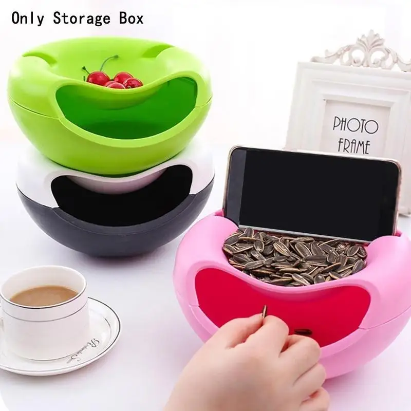 

Hot Plastic Double Layer Dry Fruit Melon Seeds Nut Containers Snacks Storage Box Holder Plate Organizer With Mobile Phone Stand